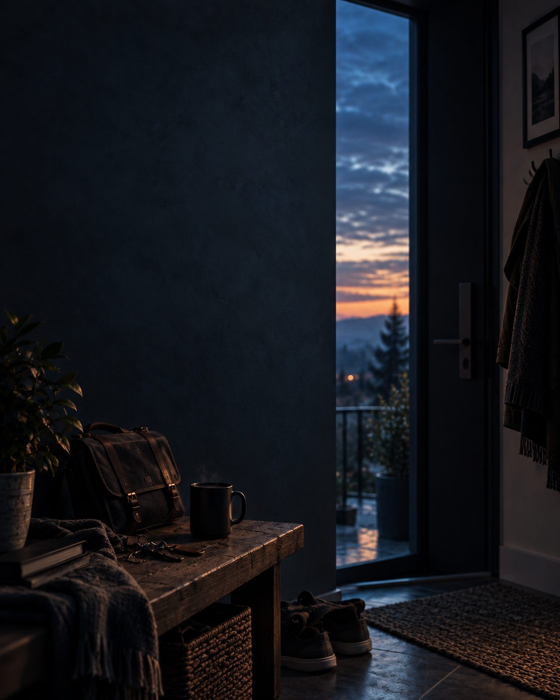 A mug on a bench by an open door at dawn